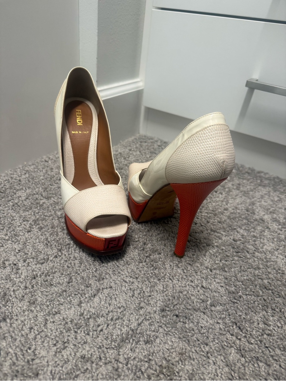 Fendi Cream Peep-Toe Pumps with Red Platform & Heel